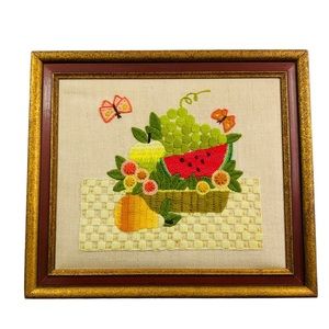 Vintage Framed Fruit Bowl Needlepoint Art